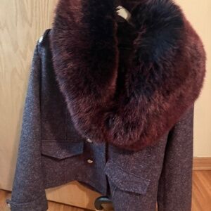 White House black market pea coat with purple faux fur metal buttons